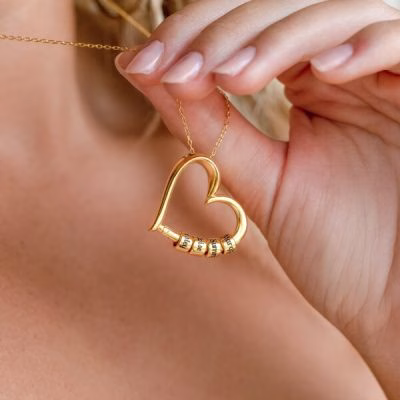 Custom Engraved Heart Pendant Necklace with Beads
