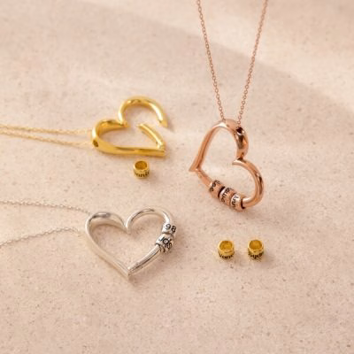 Custom Engraved Heart Pendant Necklace with Beads