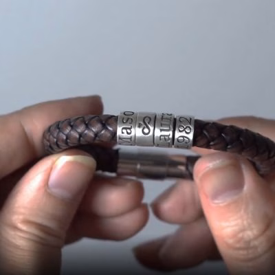 Personalized sterling silver men Single strand thick leather bracelet