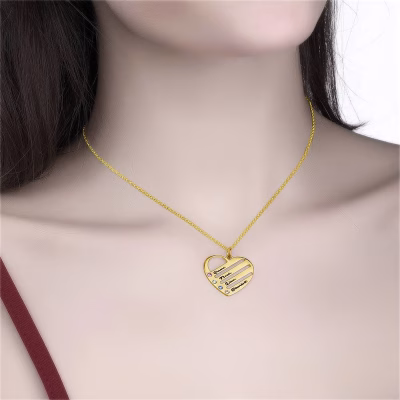 Birthstone Heart Necklace with Engraved Names - Gold Plated