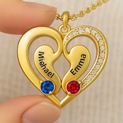 Personalized Heart Pendant Necklace with Engraved Names and Birthstones