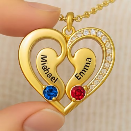 Personalized Heart Pendant Necklace with Engraved Names and Birthstones