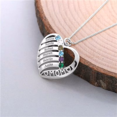 Engraved Heart Pendant Family Birthstone Necklace