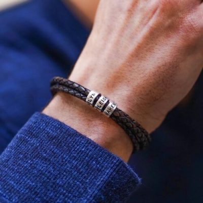 Personalized sterling silver men leather black bracelet