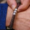 Personalized sterling silver men leather black bracelet
