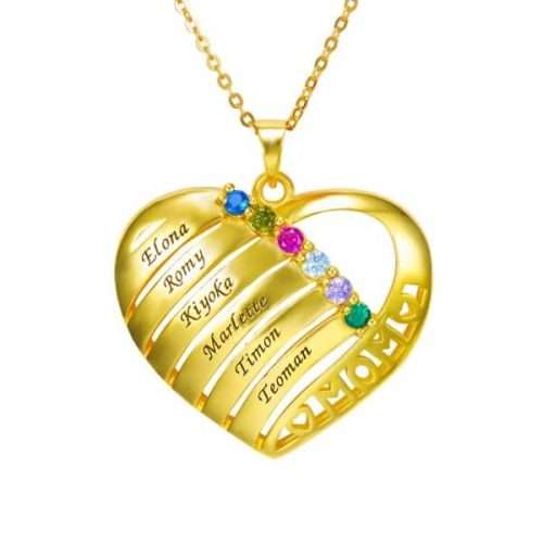 Engraved Heart Pendant Family Birthstone Necklace
