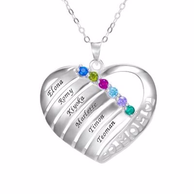 Engraved Heart Pendant Family Birthstone Necklace