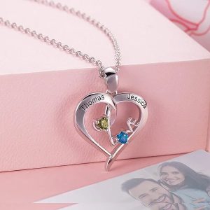 Love Heart Necklace with Double Names & Birthstones