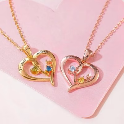 Love Heart Necklace with Double Names & Birthstones