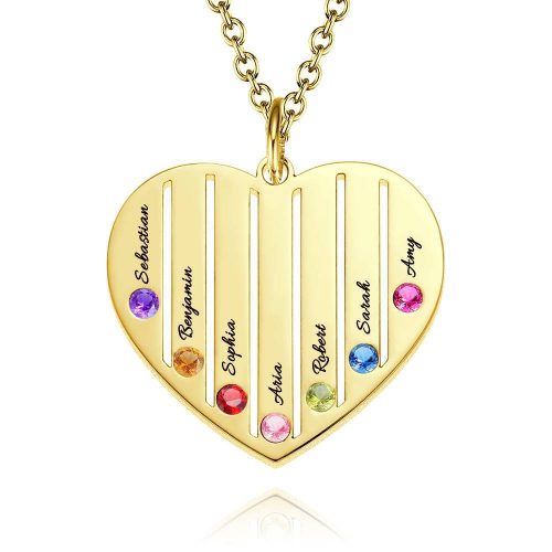 Heart Engraved Necklace with Custom Birthstone Family Gift 14K Gold Plated