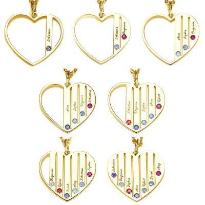 Heart Engraved Necklace with Custom Birthstone Family Gift 14K Gold Plated