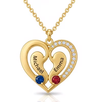 Personalized Heart Pendant Necklace with Engraved Names and Birthstones