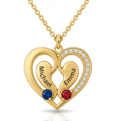 Personalized Heart Pendant Necklace with Engraved Names and Birthstones