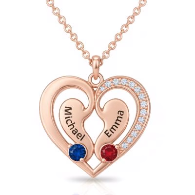 Personalized Heart Pendant Necklace with Engraved Names and Birthstones