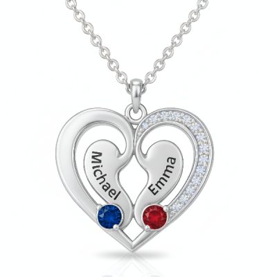 Personalized Heart Pendant Necklace with Engraved Names and Birthstones