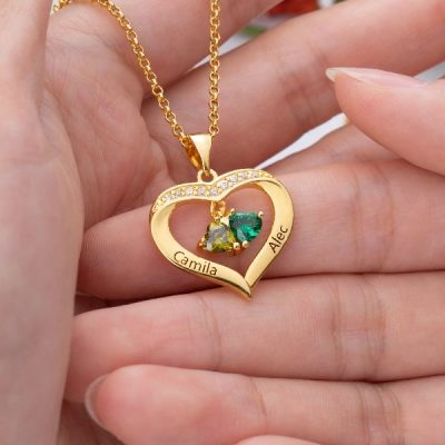 Personalized Heart Birthstone Necklace with Engraving