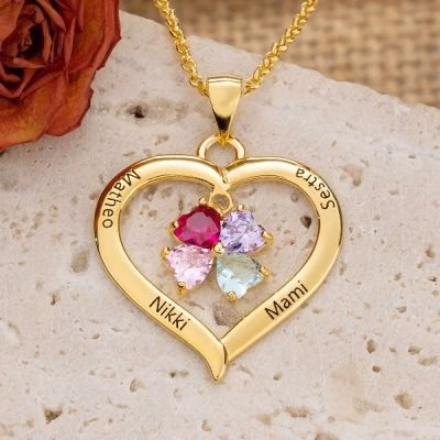 Personalized Heart Birthstone Necklace with Engraving