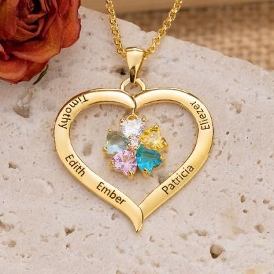 Personalized Heart Birthstone Necklace with Engraving