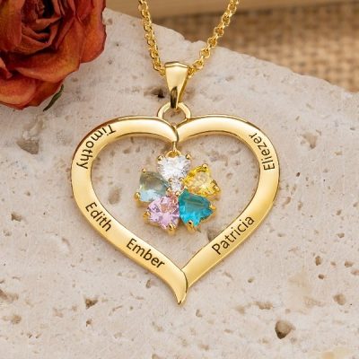 Personalized Heart Birthstone Necklace with Engraving