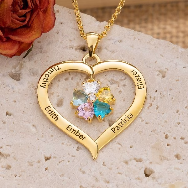 Personalized Heart Birthstone Necklace with Engraving