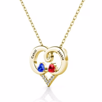 Forever Love Engraved Heart 2 Birthstone Necklace