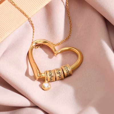 Custom Engraved Heart Pendant Necklace with Beads