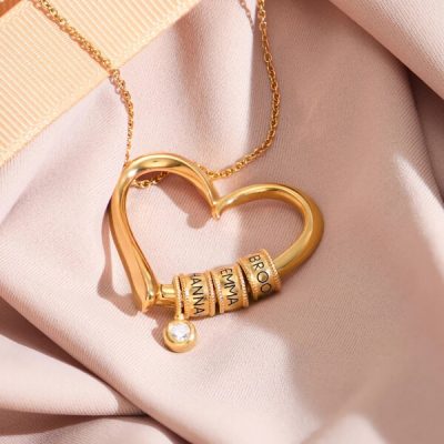 Custom Engraved Heart Pendant Necklace with Beads