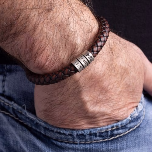 Personalized sterling silver men Single strand thick leather bracelet