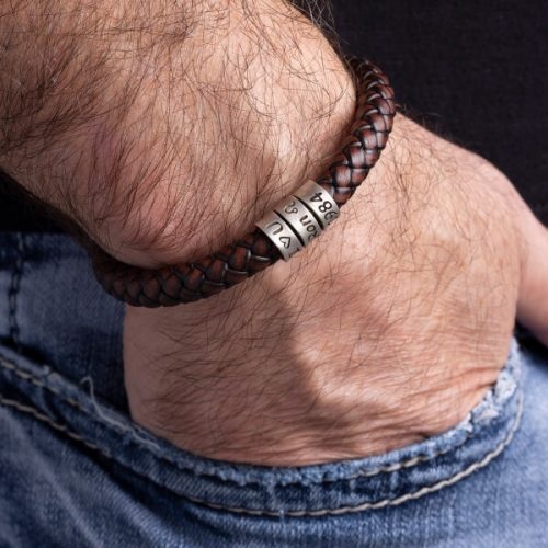 Personalized sterling silver men Single strand thick leather bracelet