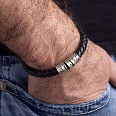 Personalized sterling silver men Single strand thick leather bracelet