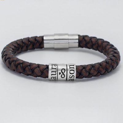 Personalized sterling silver men Single strand thick leather bracelet