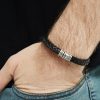 Personalized sterling silver men Single strand thick leather bracelet