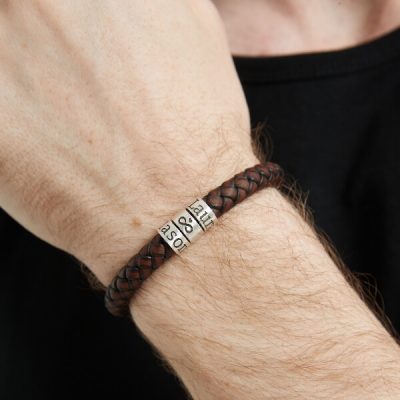 Personalized sterling silver men Single strand thick leather bracelet