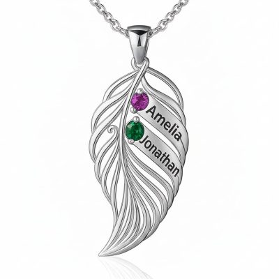 feather of the same lineage Engraved Family Birthstone Necklace