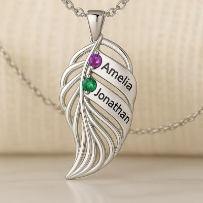 feather of the same lineage Engraved Family Birthstone Necklace