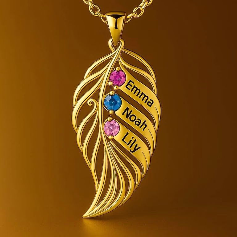 feather of the same lineage Engraved Family Birthstone Necklace