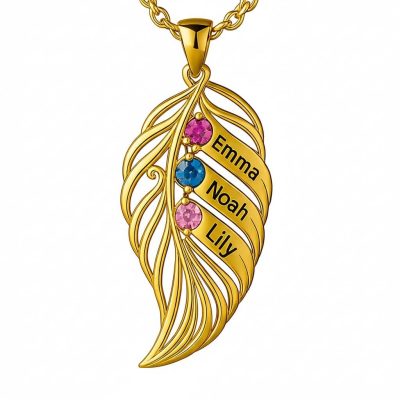 feather of the same lineage Engraved Family Birthstone Necklace