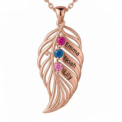feather of the same lineage Engraved Family Birthstone Necklace