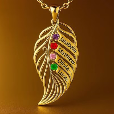 feather of the same lineage Engraved Family Birthstone Necklace