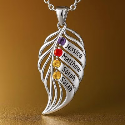 feather of the same lineage Engraved Family Birthstone Necklace