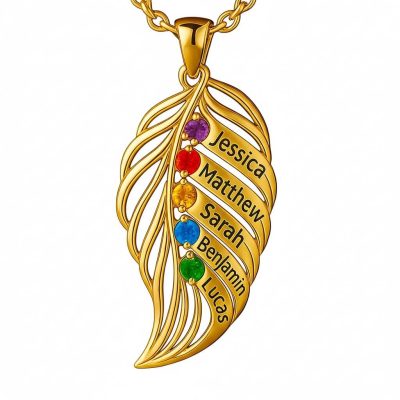 feather of the same lineage Engraved Family Birthstone Necklace