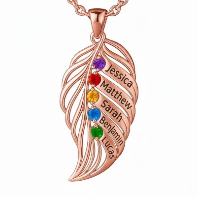 feather of the same lineage Engraved Family Birthstone Necklace