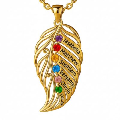 feather of the same lineage Engraved Family Birthstone Necklace