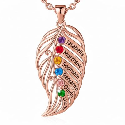 feather of the same lineage Engraved Family Birthstone Necklace