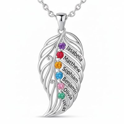 feather of the same lineage Engraved Family Birthstone Necklace