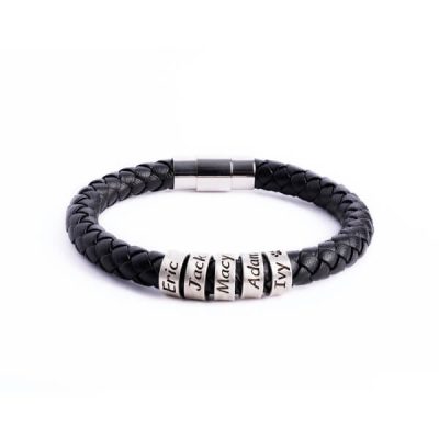 Personalized sterling silver men Single strand thick leather bracelet