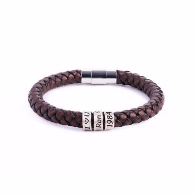 Personalized sterling silver men Single strand thick leather bracelet