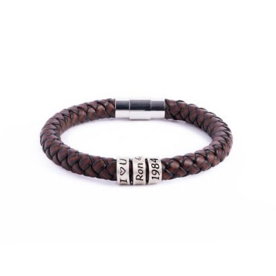 Personalized sterling silver men Single strand thick leather bracelet