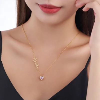 Personalized Heart Birthstone Pendant Necklace with Name Dainty Jewelry
