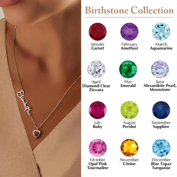 Personalized Heart Birthstone Pendant Necklace with Name Dainty Jewelry
